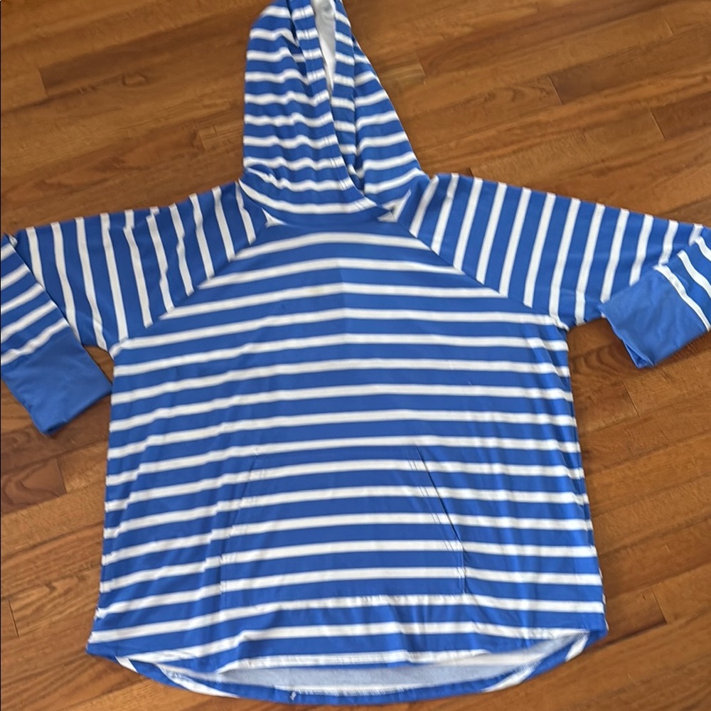 Blue and White Striped woman’s Lularoe hooded sweatshirt
